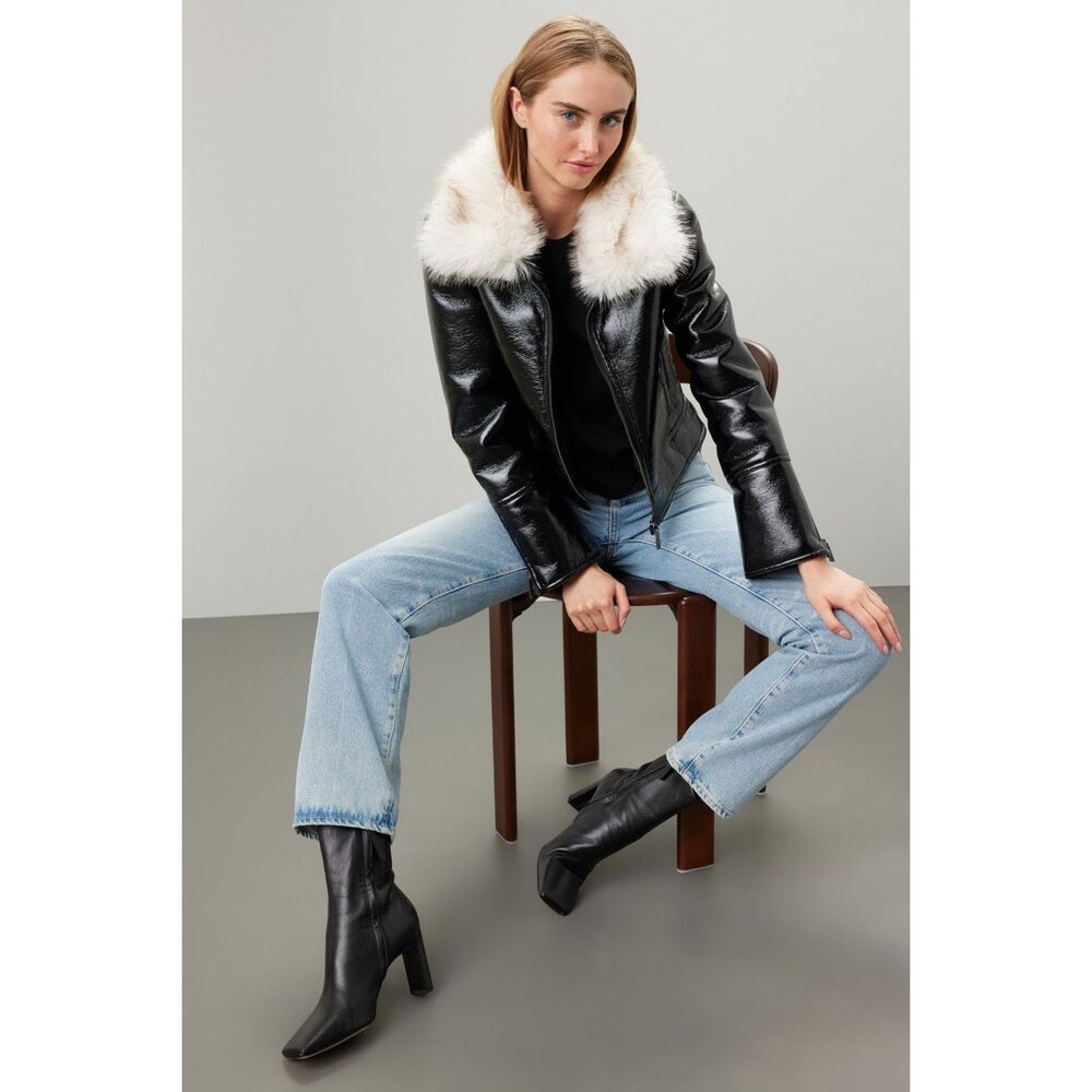 Unreal Fur Wet Look Aviator Jacket Size M $469